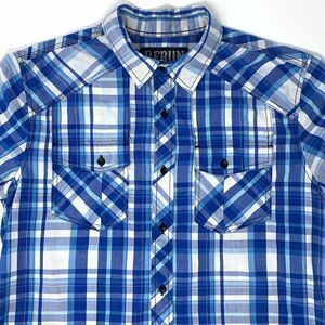 Rerun‎ Blue & White Plaid Western Men's Short Sleeve Shirt Size Medium